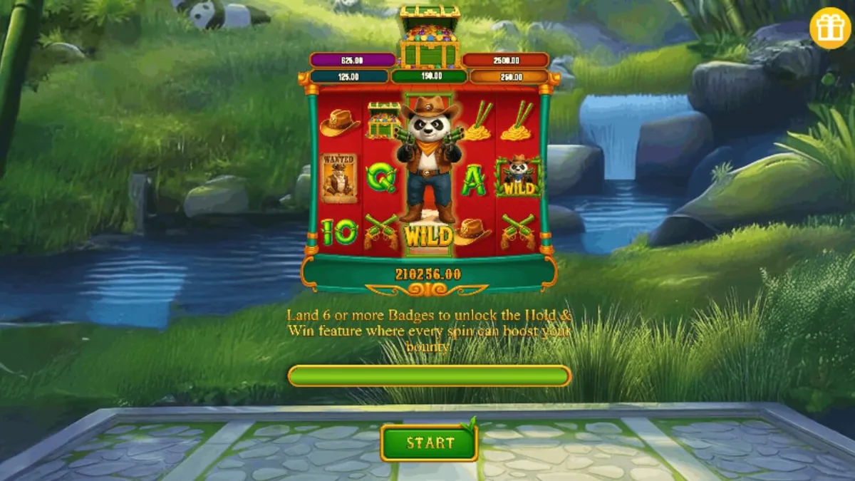 Panda koboi yang ceria berdiri di depan latar belakang hutan Wild West dalam game slot Cowboy Panda Hold & Spin