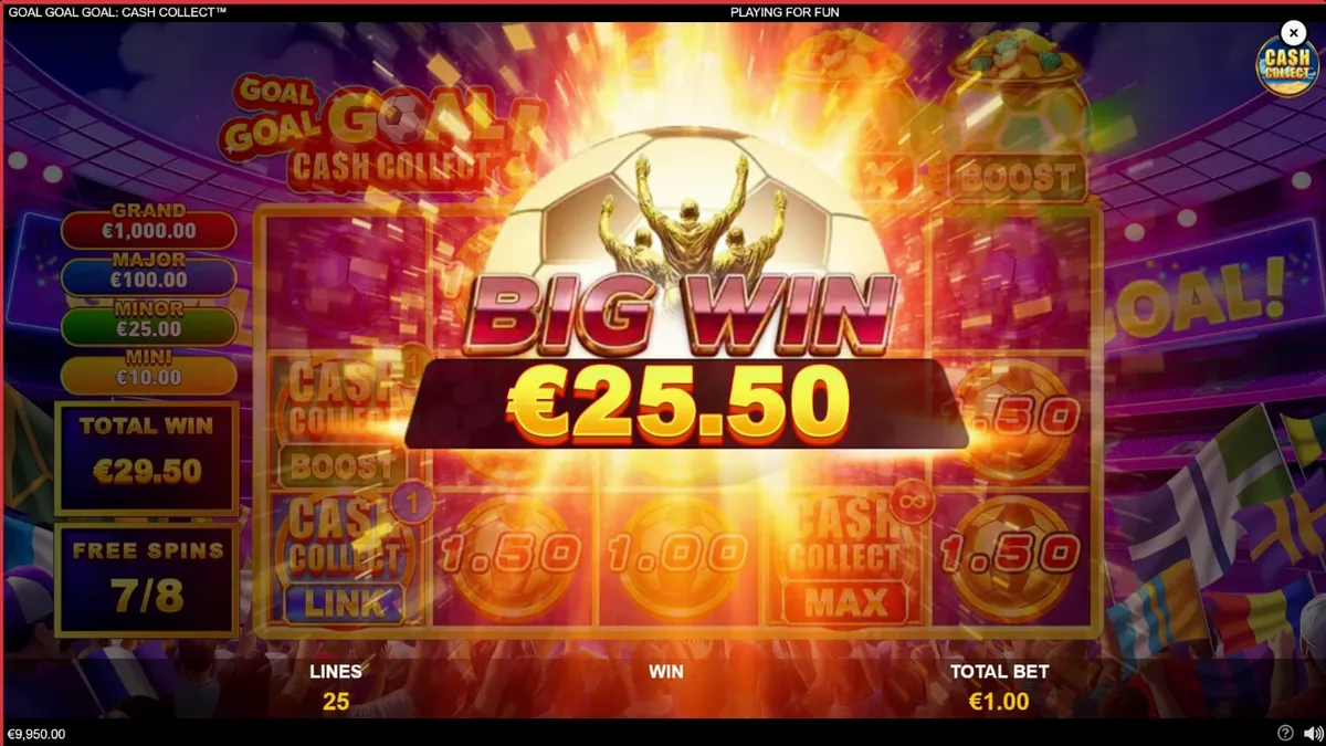 Tampilan antarmuka mobile slot Goal Goal Goal: Cash Collect dengan tema stadion sepak bola.